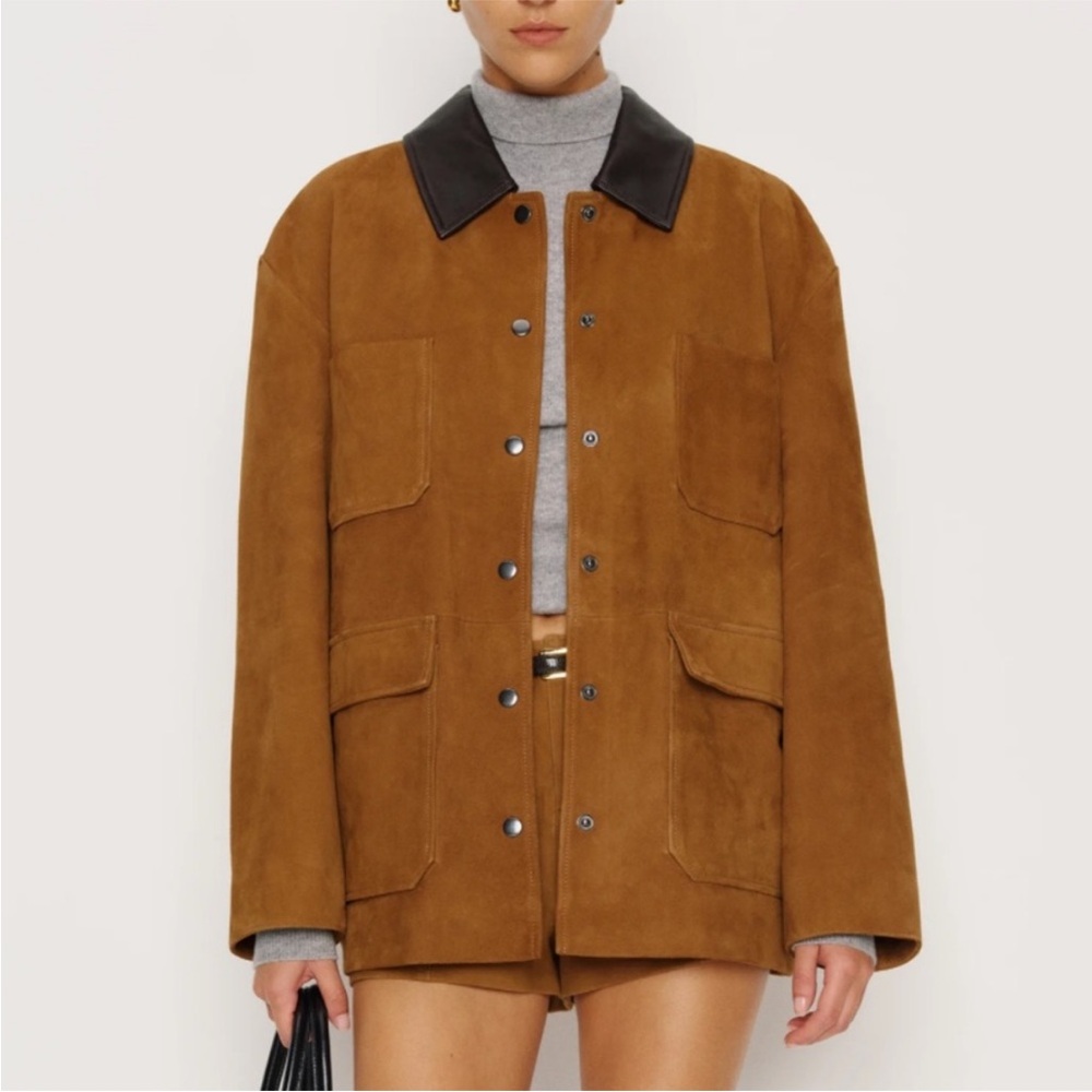 NWT Reformation Suede Jacket with Black Collar - Camel Brown